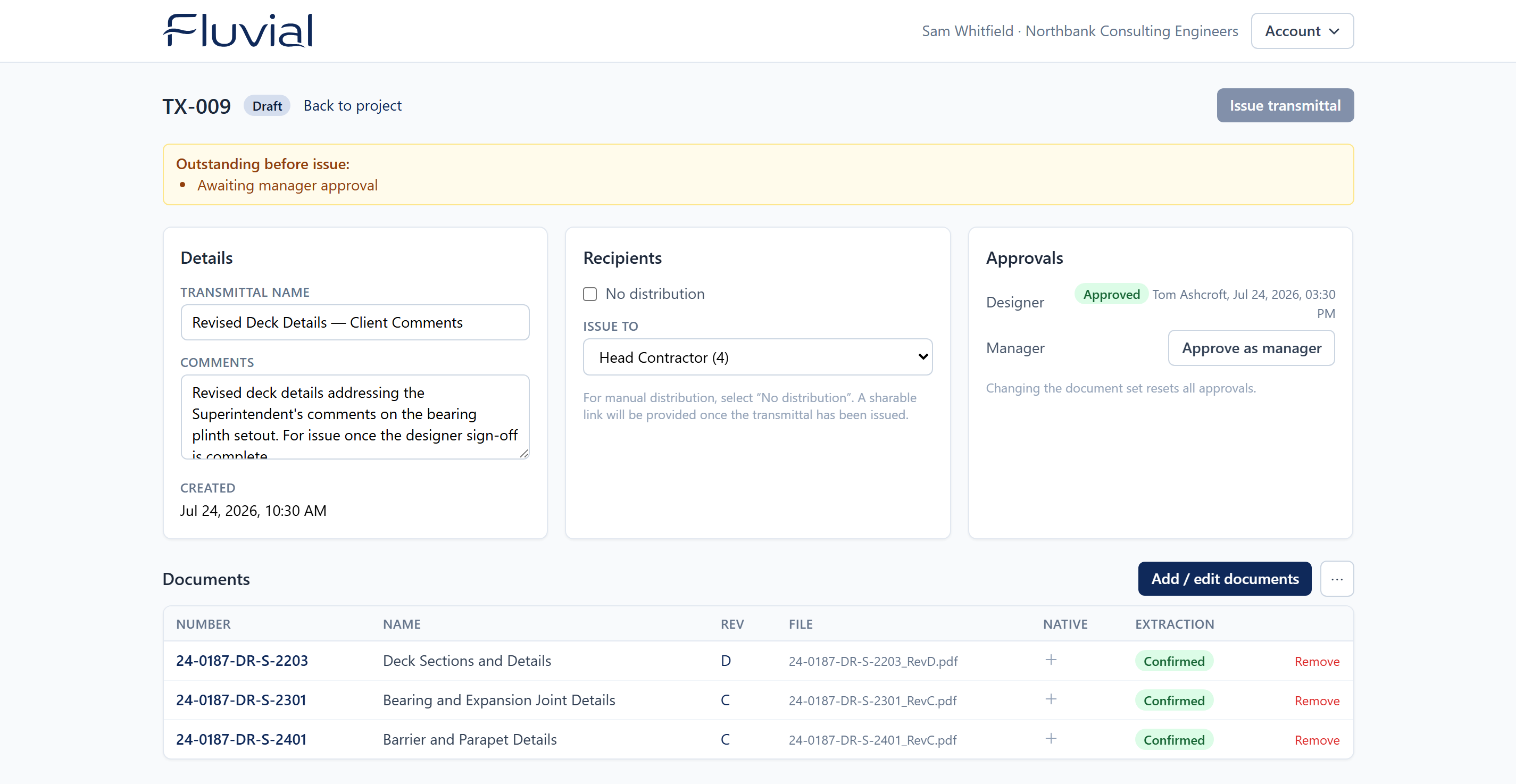 Draft transmittal with document list